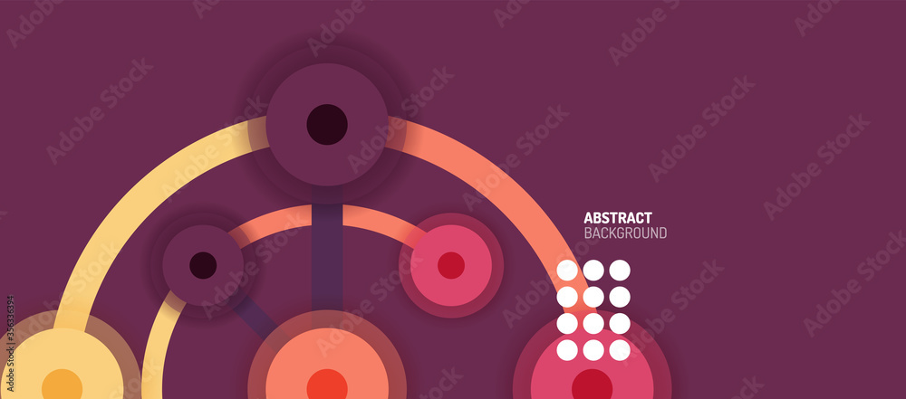 Flat style geometric abstract background, round dots or circle connections on color background. Technology network concept.