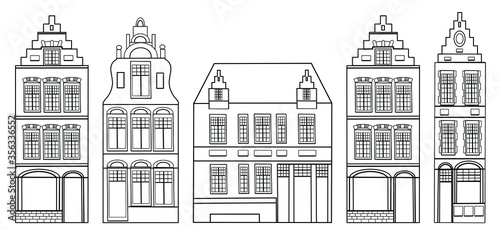 Set of European houses in the sketch style.Postcard background in black, white.Scandinavian city. Sketch for anti-stress adult coloring book in zen-tangle style. Vector illustration for coloring page 