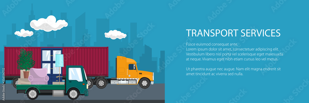 Banner of road transport and logistics, cargo truck and green lorry with furniture go on the road, shipping and freight of goods, vector illustration