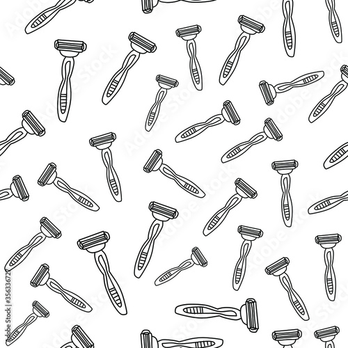The pattern of razors. Vector background in Doodle style. Seamless pattern from men s razors made in a linear style.  For packaging paper  barbershop design and decoration.