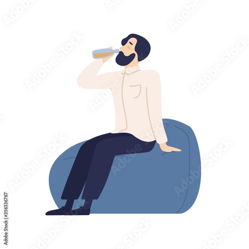 Relaxed bearded male sitting on comfy armchair drinking refreshing beverage from bottle vector flat illustration. Stylish guy quench thirst enjoying taste of soft drink isolated on white background