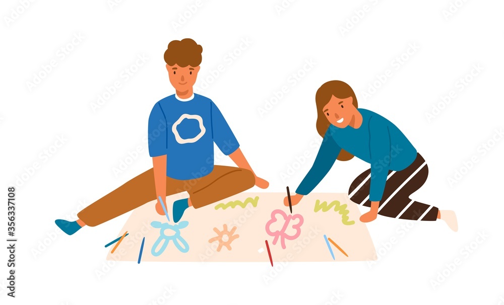 Smiling boy and girl drawing create pictures use colorful pencil together vector flat illustration. Happy children painting picture on paper isolated on white. Joyful kids sitting on floor Smiling boy and girl drawing create pictures use colorful pencil together vector flat illustration. Happy children painting picture on paper isolated on white. Joyful kids sitting on floor