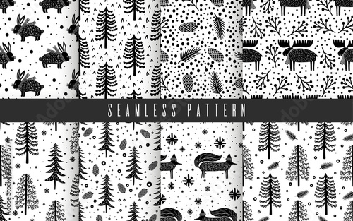 Seamless pattern set nature forest wildlife Canada.Season winter park.