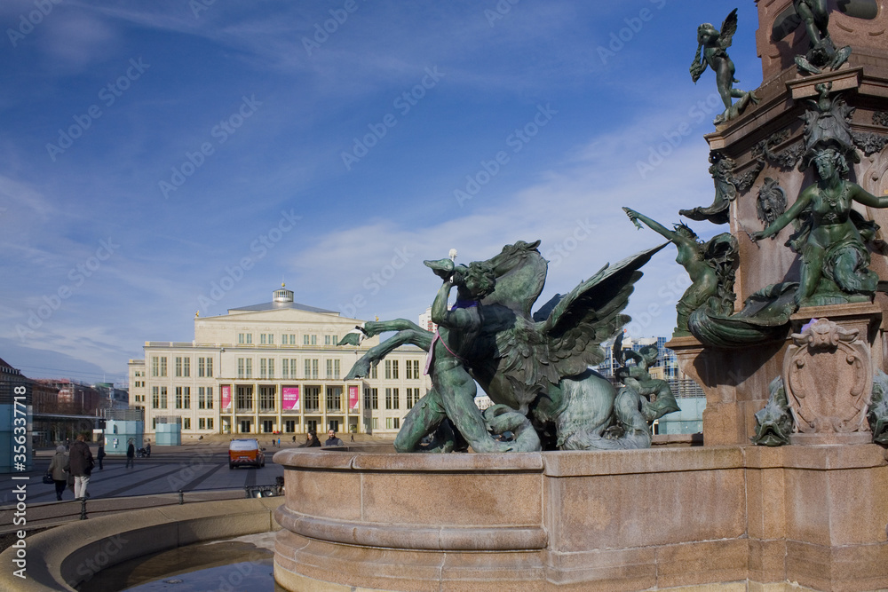 Opera House and Mendebrunnen fountain in Leipzig