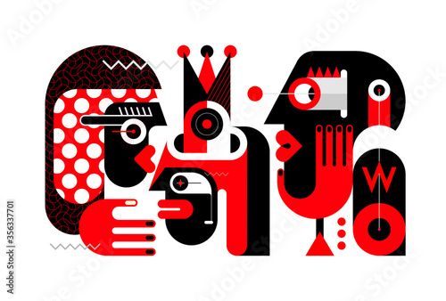 Red, black and light grey colors isolated on a white background Three People and One Bottle of Whisky vector illustration.