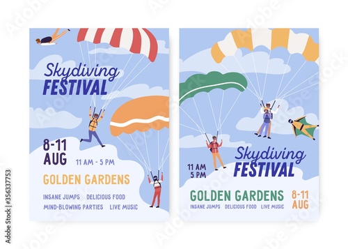 Set of skydiving festival poster vector flat illustration. Announcement extreme sport holiday with place for text. Active parachutists and skydivers performing parachuting and wingsuit flying