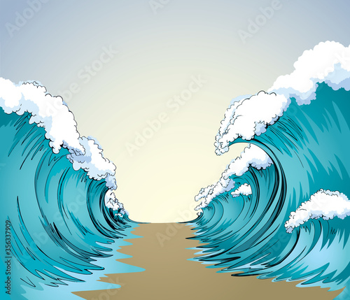 The sea was divided in two. Vector drawing