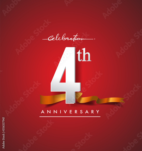 4th anniversary logotype with golden ribbon isolated on red elegance background, vector design for birthday celebration, greeting card and invitation card.