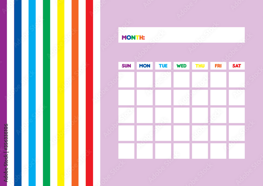 Fototapeta premium Printable Blank Monthly Rainbow Calendar Sunday Start