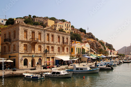 Symi town  Symi island  pictorial view of colorful houses and the harbour