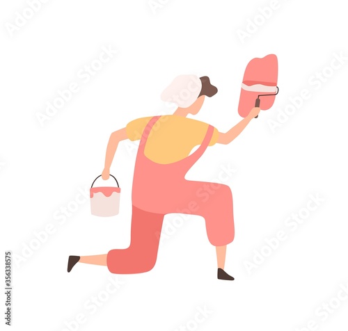 Enthusiastic painter guy holding paint roller and bucket vector flat illustration. Creative male in overalls and hat depict colorful image on wall standing on knee isolated on white