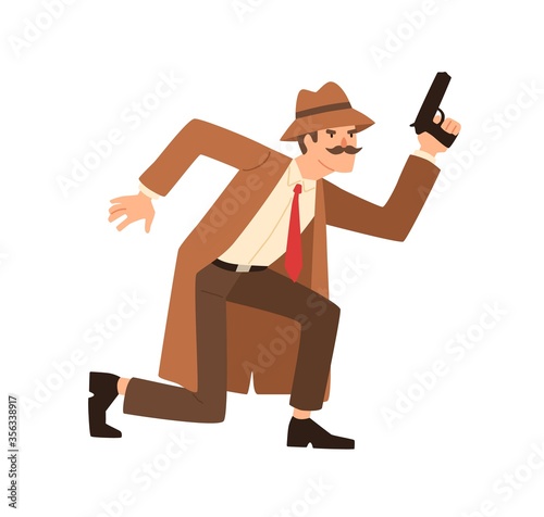 Male private detective with mustache holding gun vector flat illustration. Spy man in hat and coat during pursuit of criminal isolated on white. Sneaking agent with handgun following to offender