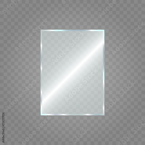 Glass plate on transparent background. Acrylic and glass texture with glares and light. Realistic transparent glass window in rectangle frame. Vector