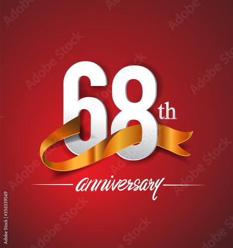 68th anniversary logotype with golden ribbon isolated on red elegance background, vector design for birthday celebration, greeting card and invitation card.