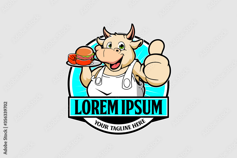 Cute chef bull animal cartoon character with food logo