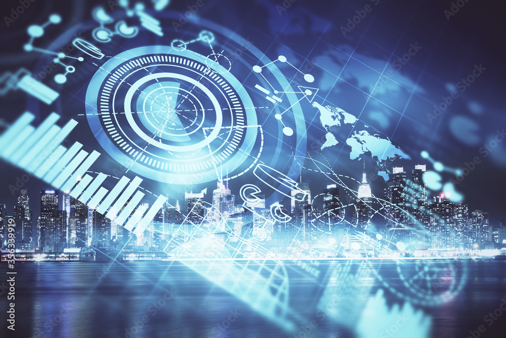 Double exposure of business theme hologram drawing and city veiw background. Concept of success. Double exposure of business theme hologram drawing and city veiw background. Concept of success.
