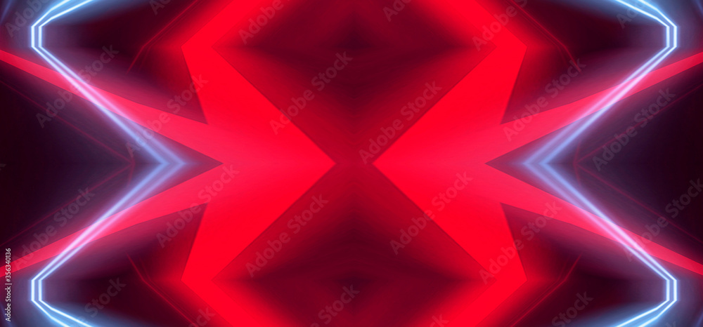 Abstract dark background, red neon light. Rays and lines in symmetrical reflection. Light tunnel, movement at speed, neon lights. Abstract dark background, red neon light. Rays and lines in symmetrical reflection. Light tunnel, movement at speed, neon lights.