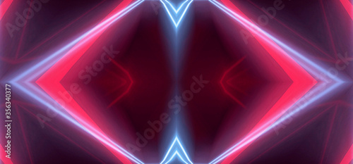 Abstract dark background, red neon light. Rays and lines in symmetrical reflection. Light tunnel, movement at speed, neon lights.