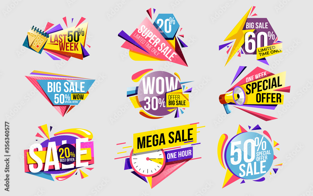 Sale offer. Discount sticker and price label set template. Modern sale banner with special offer for retail. Promotional tag super deal design with limited time offer