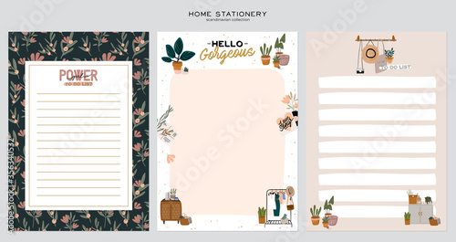 Stylish Scandinavian bedroom interior - bed, sofa, wardrobe, mirror, night stand, plant, lamp, home decorations. Cozy modern comfy apartment furnished in Hygge style. Vector illustration. Isolated