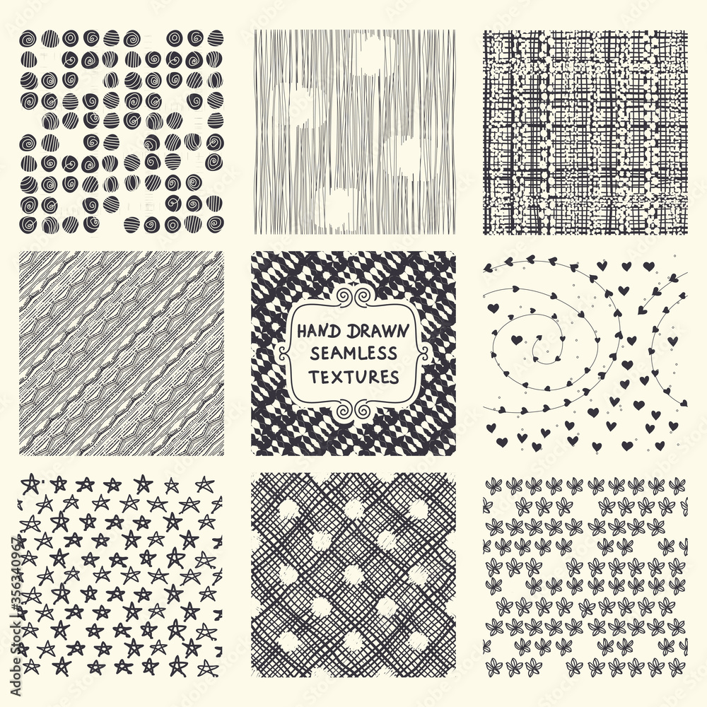 Set of nine seamless hand drawn texture designs for backgrounds. Doodle pattern. vector illustration