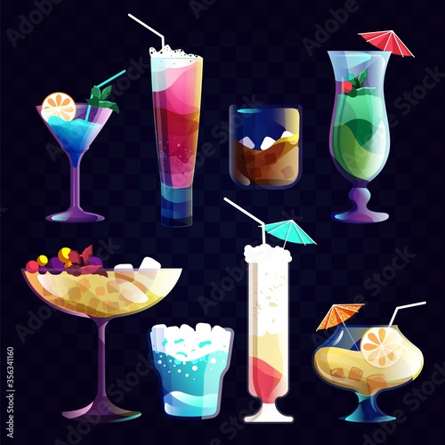 Night cocktail. Alcohol cocktails and tropical juice beverage in a glass. Set of drink for night party vector illustration