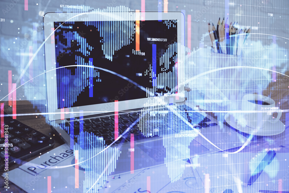 Double exposure of business theme icons and work space with computer background. Concept of success. Double exposure of business theme icons and work space with computer background. Concept of success.