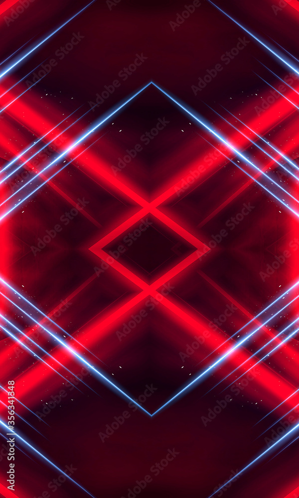 Abstract dark background, red neon light. Rays and lines in symmetrical reflection. Light tunnel, movement at speed, neon lights.