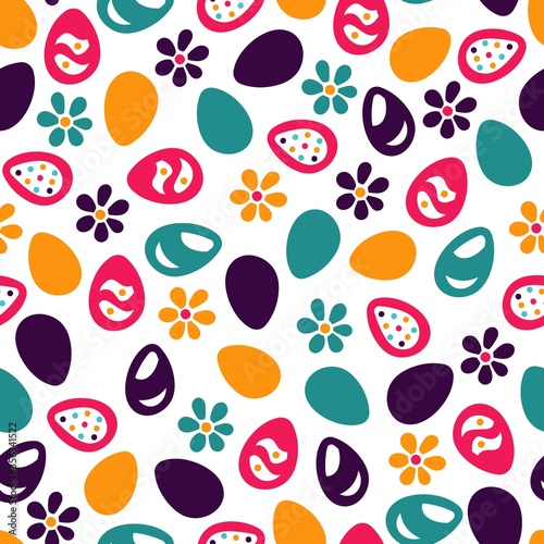 Fototapeta Naklejka Na Ścianę i Meble -  Seamless bright pattern for Easter. The pattern of colored Easter eggs and flowers. Easter background. Hand drawn. Colorful Happy Easter background for greeting card. Seamless vintage pattern. Spring.