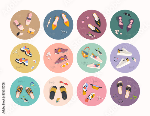 Collection of stylish women's shoes and accessories. Sneakers, shoes and slippers. Flat vector illustration. All objects are isolated.