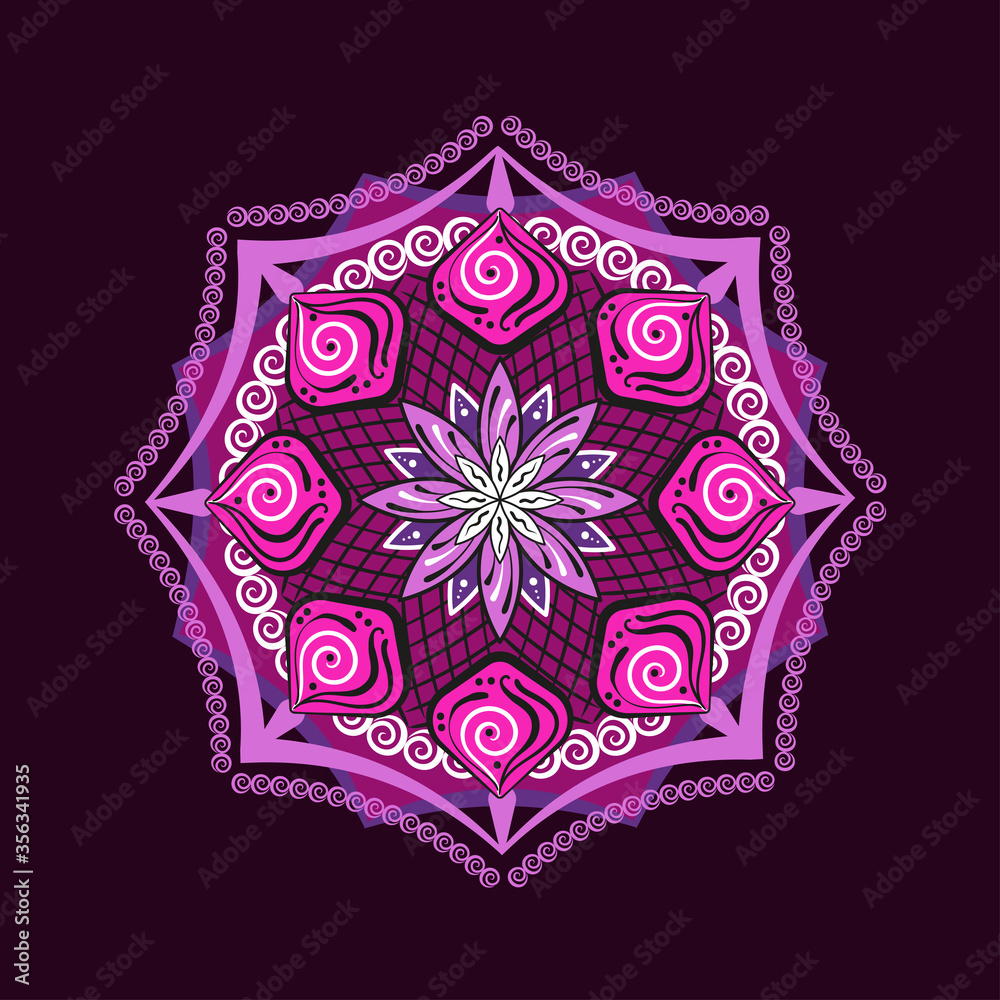 Indian traditional drawing of happiness rangoli. Round shape, abstract flower pattern. Vector illustration isolated on a dark background.