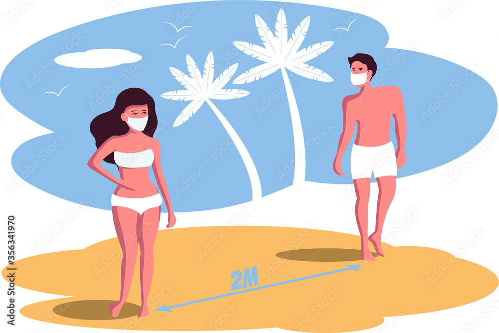 man and woman on beach keeping distance because of covid-19