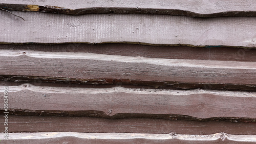 Walls from old planks painted brown, paneling overlapped each other as background. Abstract wooden background. The texture of the fence from unedged horizontal boards. Copy space, close-up. photo