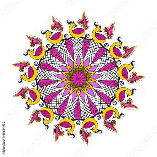 Indian traditional drawing of happiness Rangoli. Round shape, stylization of flower and birds, 13 repeating elements. Vector illustration isolated on a white background.