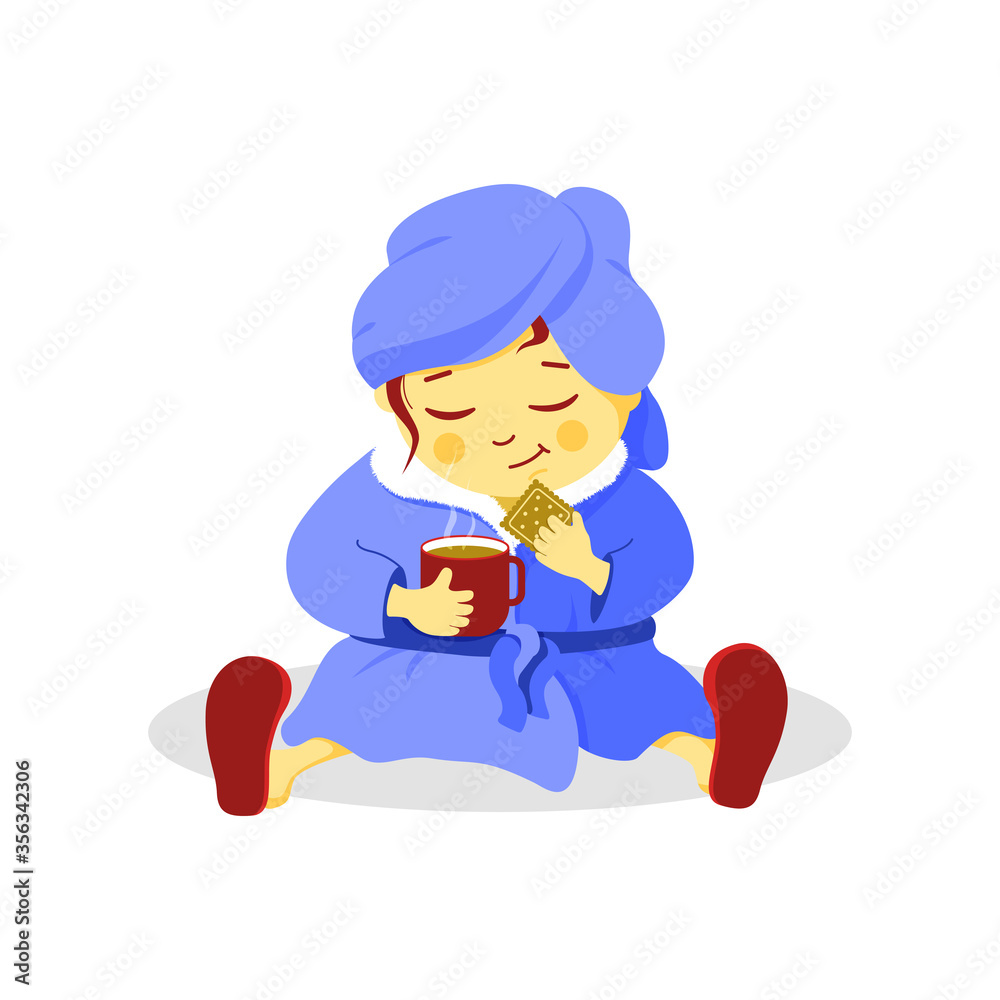 A girl after a shower, in a Bathrobe with a towel on her head. Drinks coffee with cookies. Cartoon style. Vector illustration isolated on a white background.