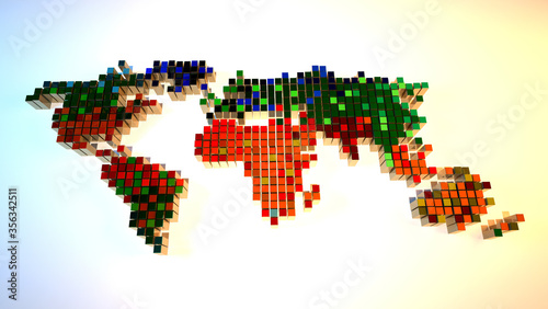 world map consisting of multi-colored cubes  children s game  puzzle
