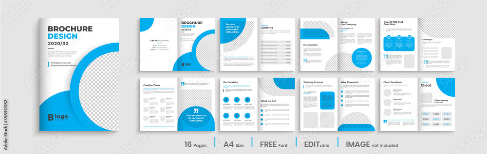 Minimal blue multipage business brochure template layout design, professional business profile design, 16 pages, creative business brochure design.