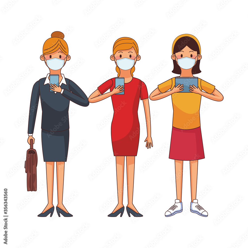 young women wearing medical masks using technology characters young women wearing medical masks using technology characters