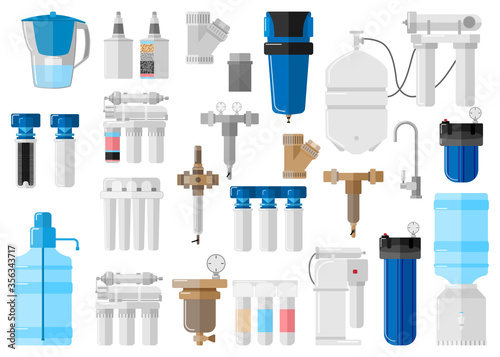 Kit water filter on white background in flat style. Set equipment for processes with special modern technologies water purification vector illustration design