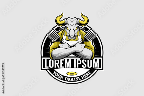 Strong Chef bull animal cartoon character with spatula food vector logo template