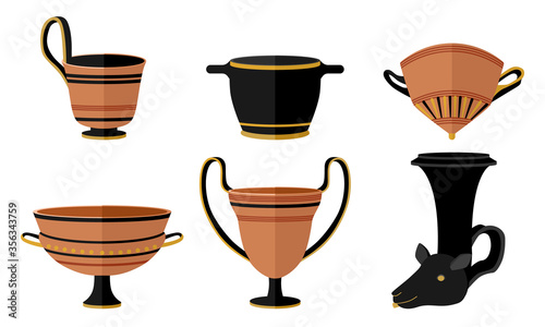 Wallpaper Mural Set ancient Greece drinking cup rhyton, kantharos, skyphos, mastos, kyathos, cylix. Kit antiquity wine cup with patterns on white background in style flat vector illustration. Torontodigital.ca