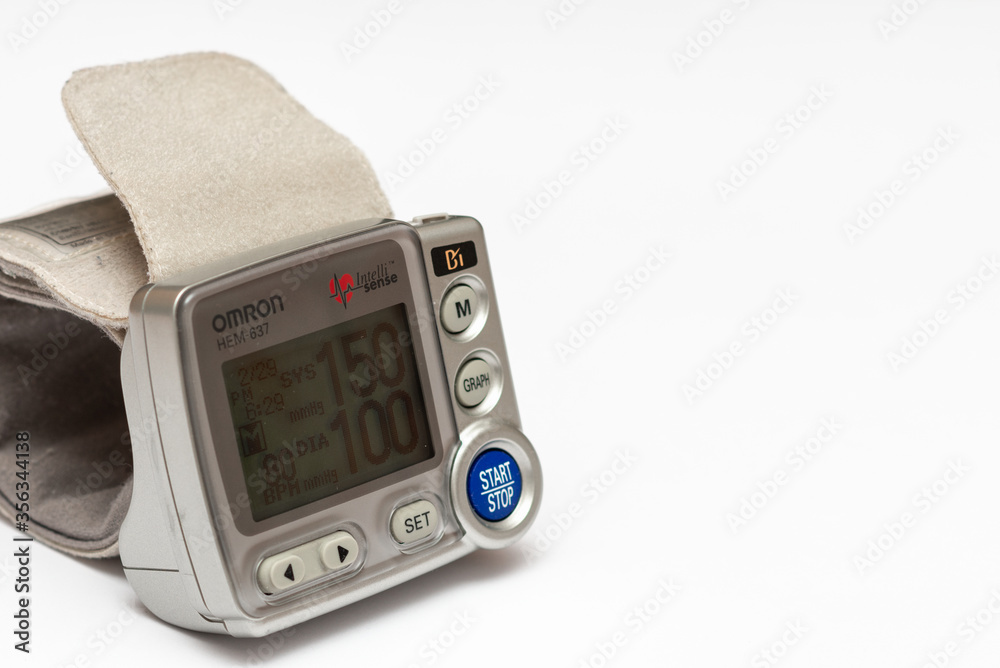 Telsiai,Lithuania 06-09-2020.device for measuring blood pressure on a white background Telsiai,Lithuania 06-09-2020.device for measuring blood pressure on a white background