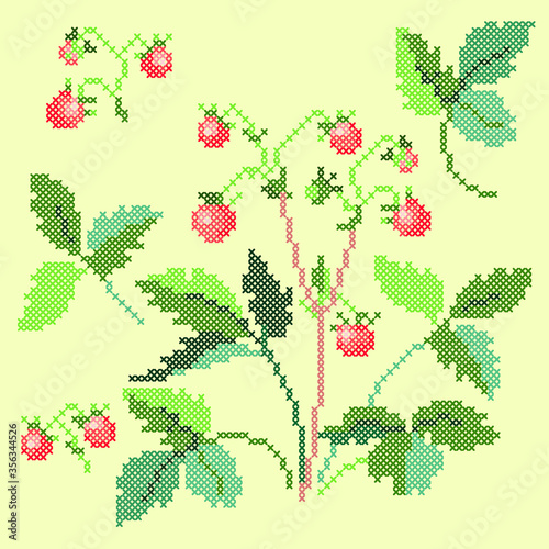 vector illustration cross stitch wild strawberry
