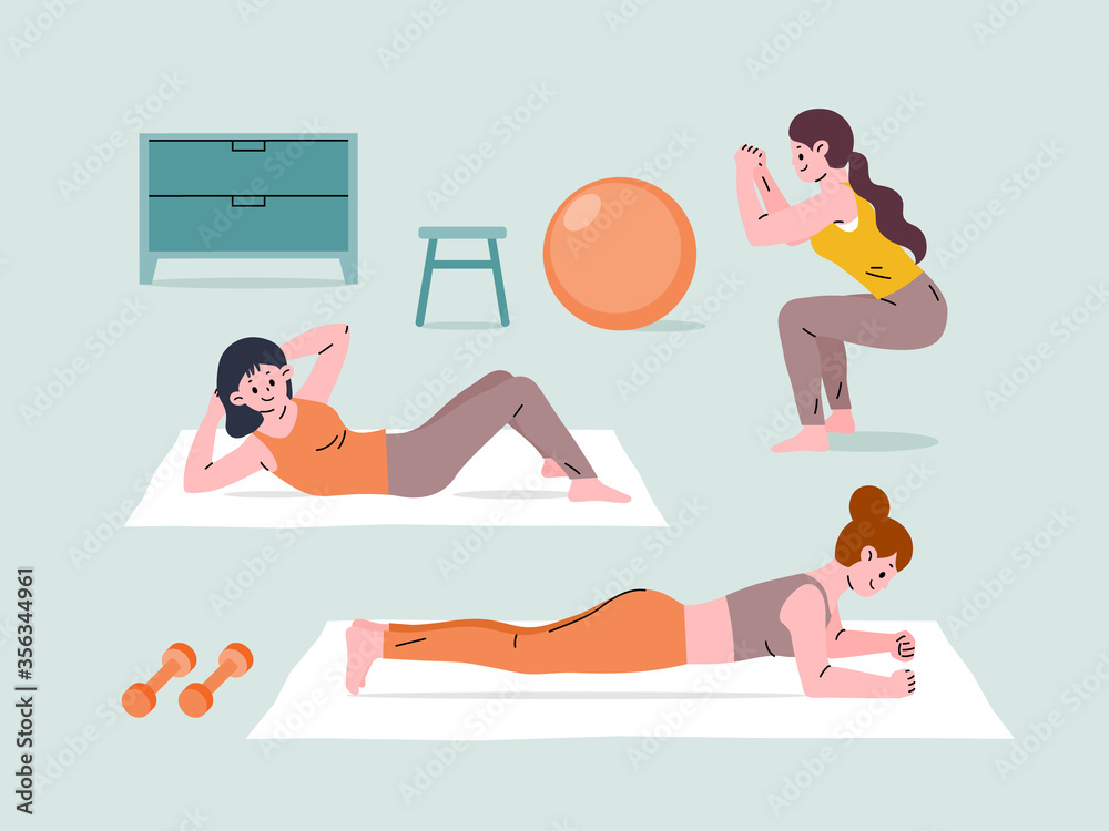 People exercising indoors at home. Yoga and fitness, healthy lifestyle. People exercising indoors at home. Yoga and fitness, healthy lifestyle.