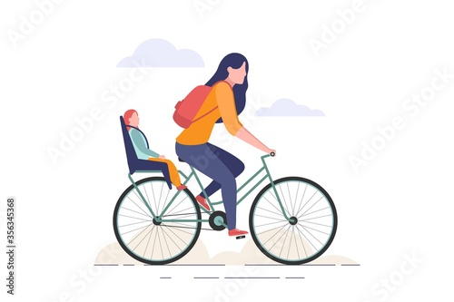 Woman riding a bicycle with little girl sitting in baby seat, mother and daughter. Flat vector web illustration isolated on white background. Mother and daughter riding bike concept.