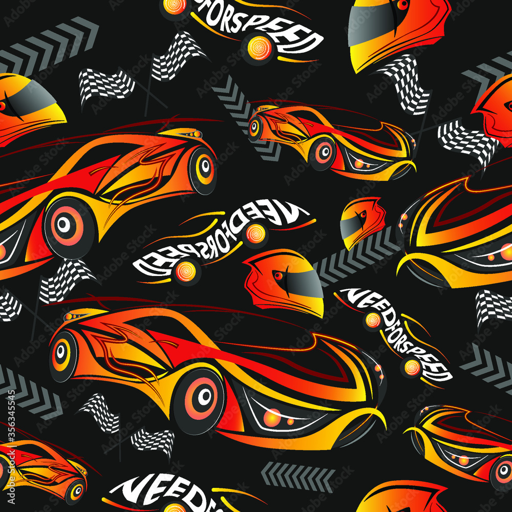 Seamless pattern. Yellow red sport cars and helmets that need for speed on black background. Vector illustration.