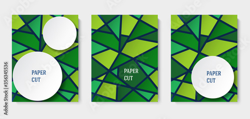 Set of abstract blue and white backgrounds in paper style. Poster with green mosaic elements. Place for text. Vector illustration