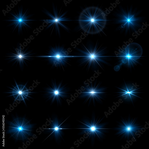 Collection of 16 Realistic Transparent Vector Stars Burning with Sparkls. Glowing Light Effects Isolated. Sparkling and Shining Stars, Flashes of Lights, Abstract Flares, Bright Glares