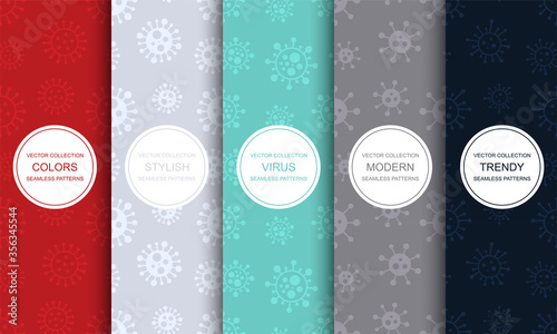Set of vector seamless geometric virus patterns - colorful design. Trendy bacteria repeatable backgrounds. Bright textile endless textures. Coronavirus, ncov, covid - 19 art