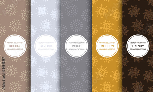 Set of vector seamless geometric virus patterns - colorful design. Trendy bacteria repeatable backgrounds. Bright textile endless textures. Coronavirus, ncov, covid - 19 art